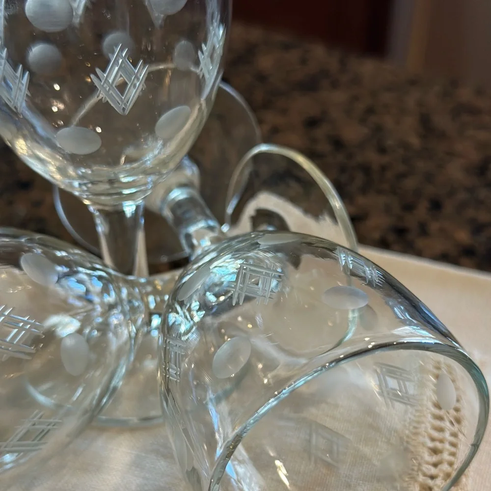 Standard Glass Co Criss Cross and Punties Etched Wine Goblets Set of 3